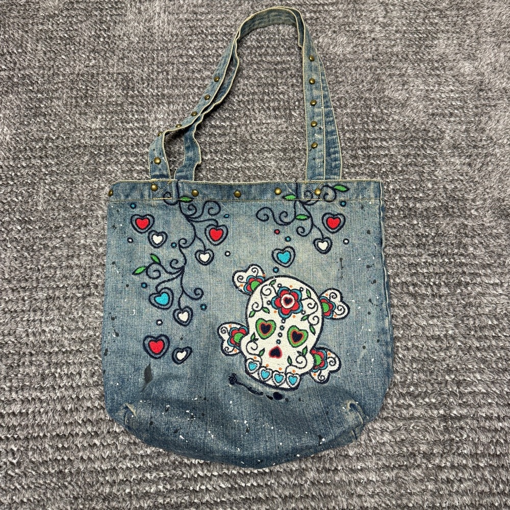 Soundgirl Denim Tote Bag Sugar Skull Embroidered Day of the‎ Dead Studded